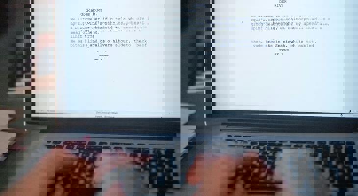 Laptop med et tekstdokument åpent, mens to hender skriver på tastaturet.